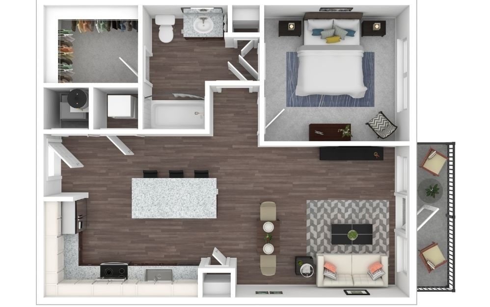A1 - 1 bedroom floorplan layout with 1 bathroom and 722 square feet (3D) A1 - 1 bedroom floorplan layout with 1 bathroom and 722 square feet (3D)