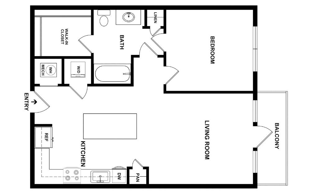 A1 - 1 bedroom floorplan layout with 1 bathroom and 722 square feet (2D)