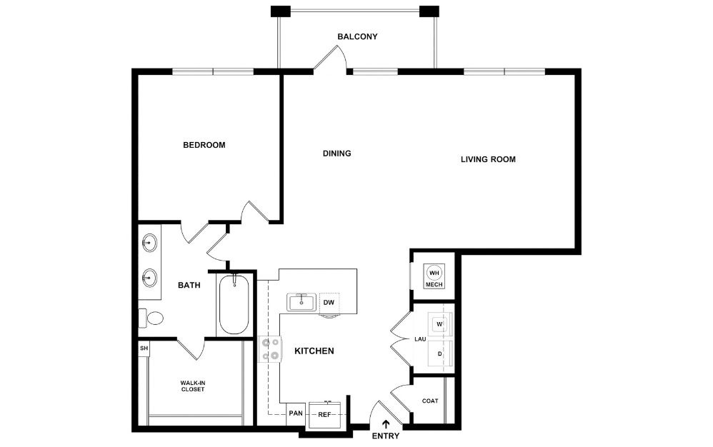 A5 - 1 bedroom floorplan layout with 1 bathroom and 942 square feet (2D)