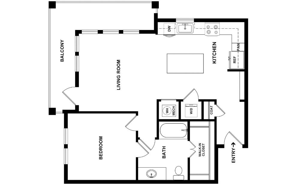 A6 - 1 bedroom floorplan layout with 1 bathroom and 809 square feet (2D)
