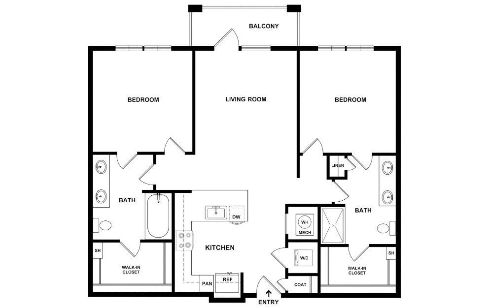B1 - 2 bedroom floorplan layout with 2 bathrooms and 1082 square feet (2D)