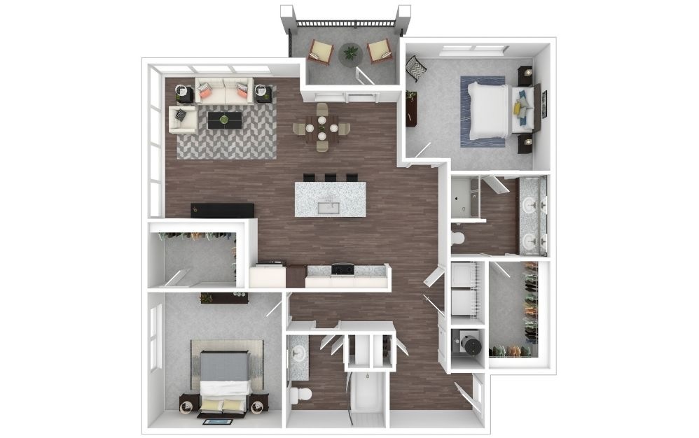 B2 - 2 bedroom floorplan layout with 2 bathrooms and 1252 square feet (3D) B2 - 2 bedroom floorplan layout with 2 bathrooms and 1252 square feet (3D)