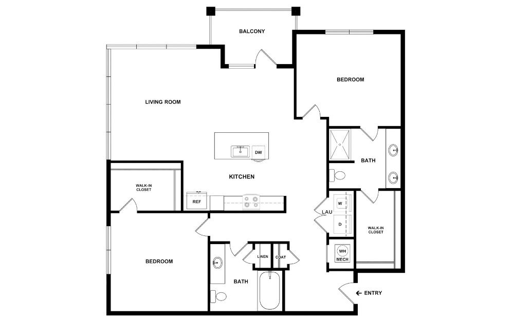 B2 - 2 bedroom floorplan layout with 2 bathrooms and 1252 square feet (2D)