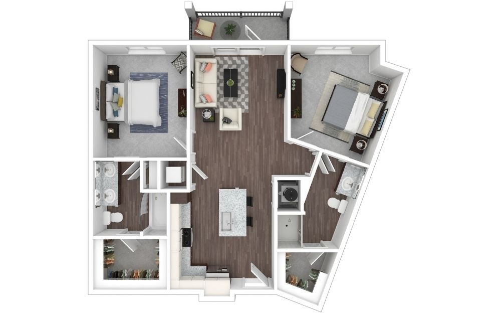 B3 - 2 bedroom floorplan layout with 2 bathrooms and 1070 square feet (3D) B3 - 2 bedroom floorplan layout with 2 bathrooms and 1070 square feet (3D)