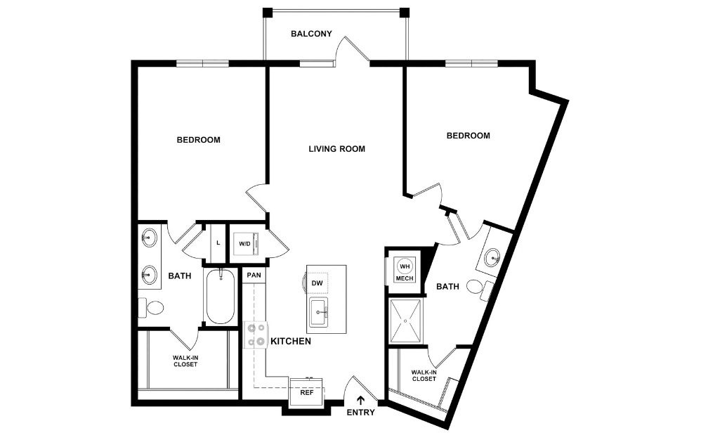 B3 - 2 bedroom floorplan layout with 2 bathrooms and 1070 square feet (2D)
