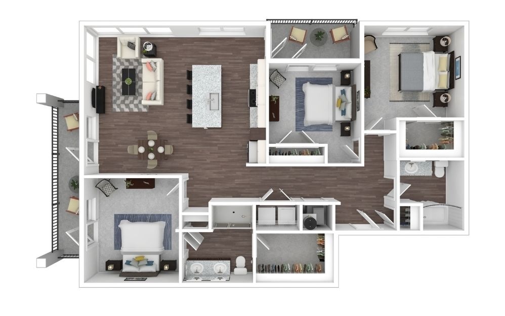 C1 - 3 bedroom floorplan layout with 2 bathrooms and 1450 square feet (3D) C1 - 3 bedroom floorplan layout with 2 bathrooms and 1450 square feet (3D)