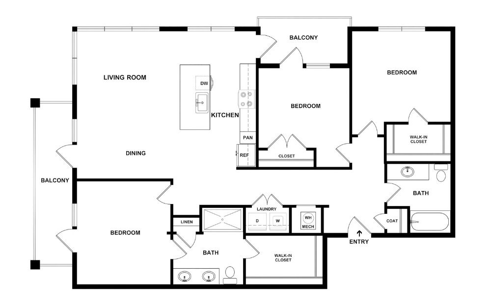 C1 - 3 bedroom floorplan layout with 2 bathrooms and 1450 square feet (2D)