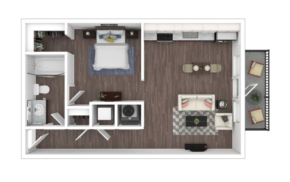 S1 - 1 bedroom floorplan layout with 1 bathroom and 640 square feet (3D) S1 - 1 bedroom floorplan layout with 1 bathroom and 640 square feet (3D)