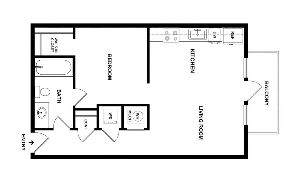 S1 - 1 bedroom floorplan layout with 1 bathroom and 640 square feet (2D)