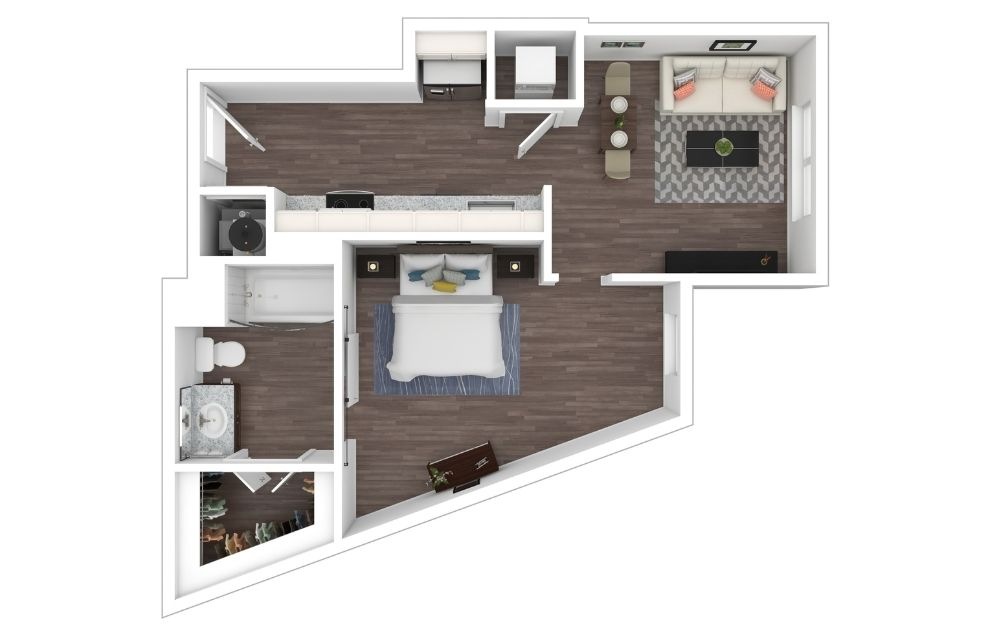 S2 - 1 bedroom floorplan layout with 1 bathroom and 619 square feet (3D) S2 - 1 bedroom floorplan layout with 1 bathroom and 619 square feet (3D)
