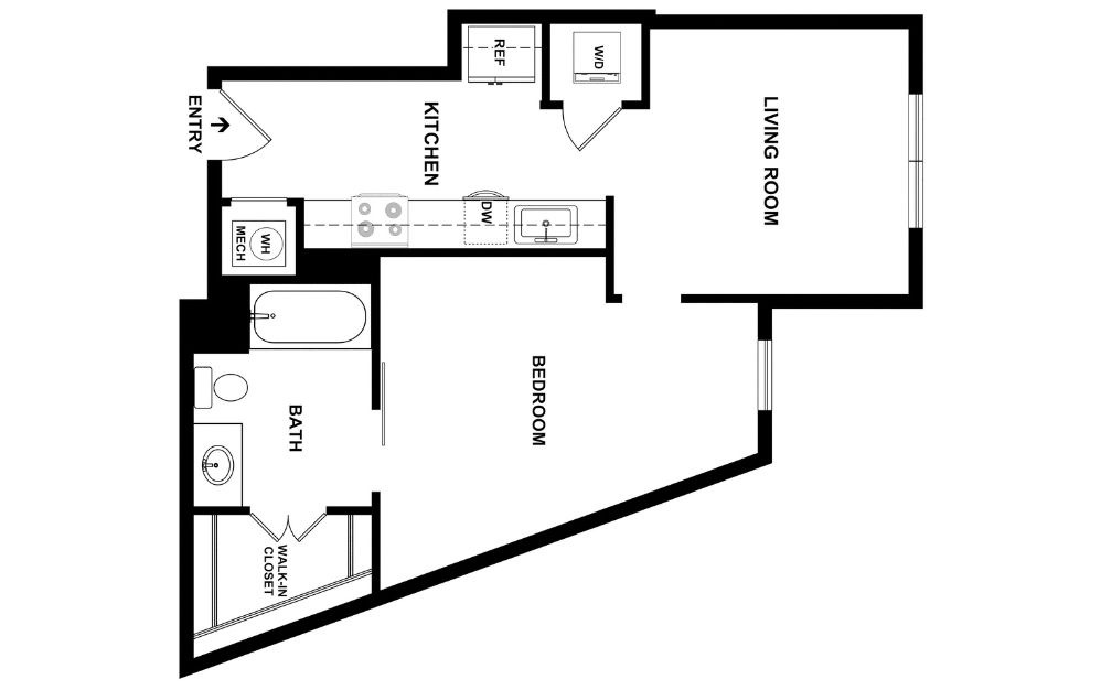 S2 - 1 bedroom floorplan layout with 1 bathroom and 619 square feet (2D)